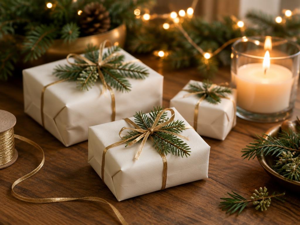 Thoughtfully wrapped holiday gifts with greenery and a candle
